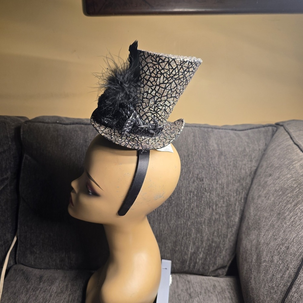 Rose Gold Black Metallic Mini Top Hat Headband‎ Feathers Fascinator Costume - Picture 3 of 6